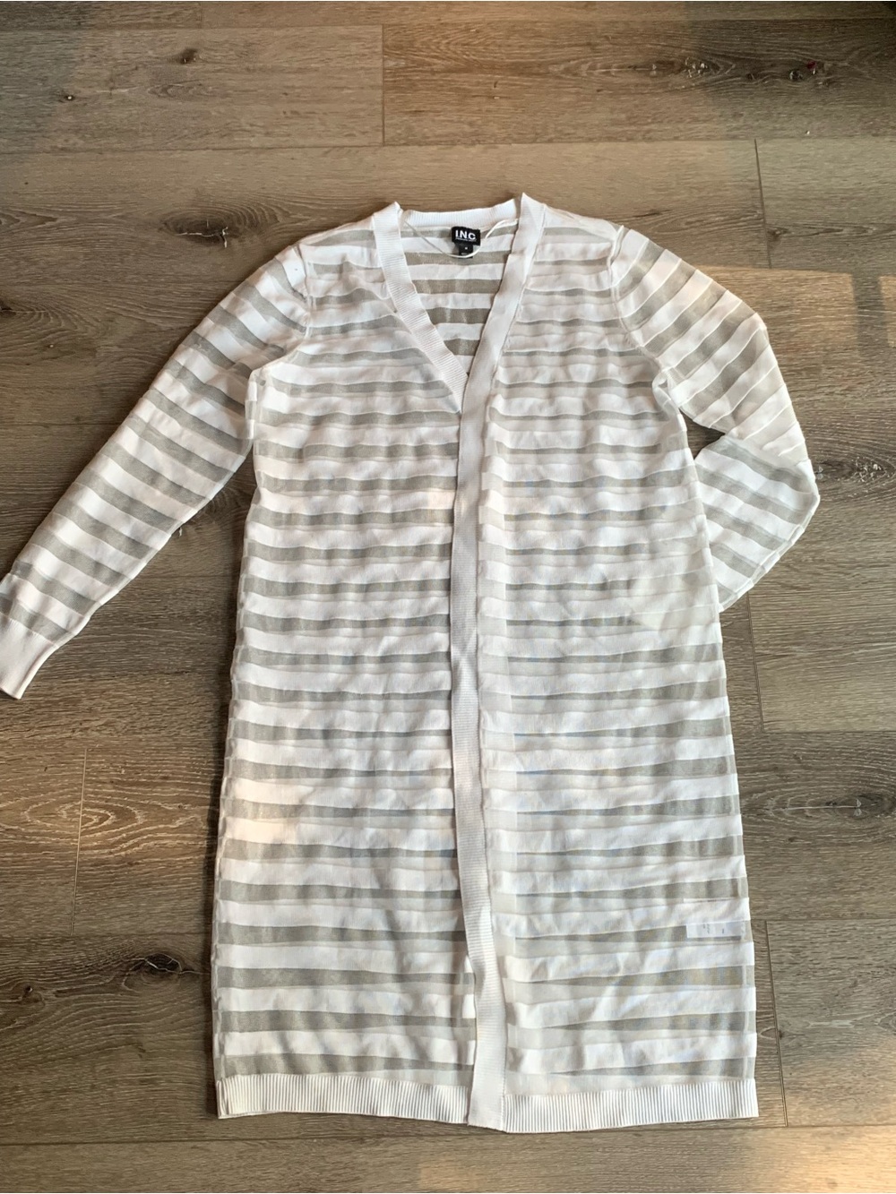 INC White Striped Sheer Long Sleeve Open Front Cardigan be Size M